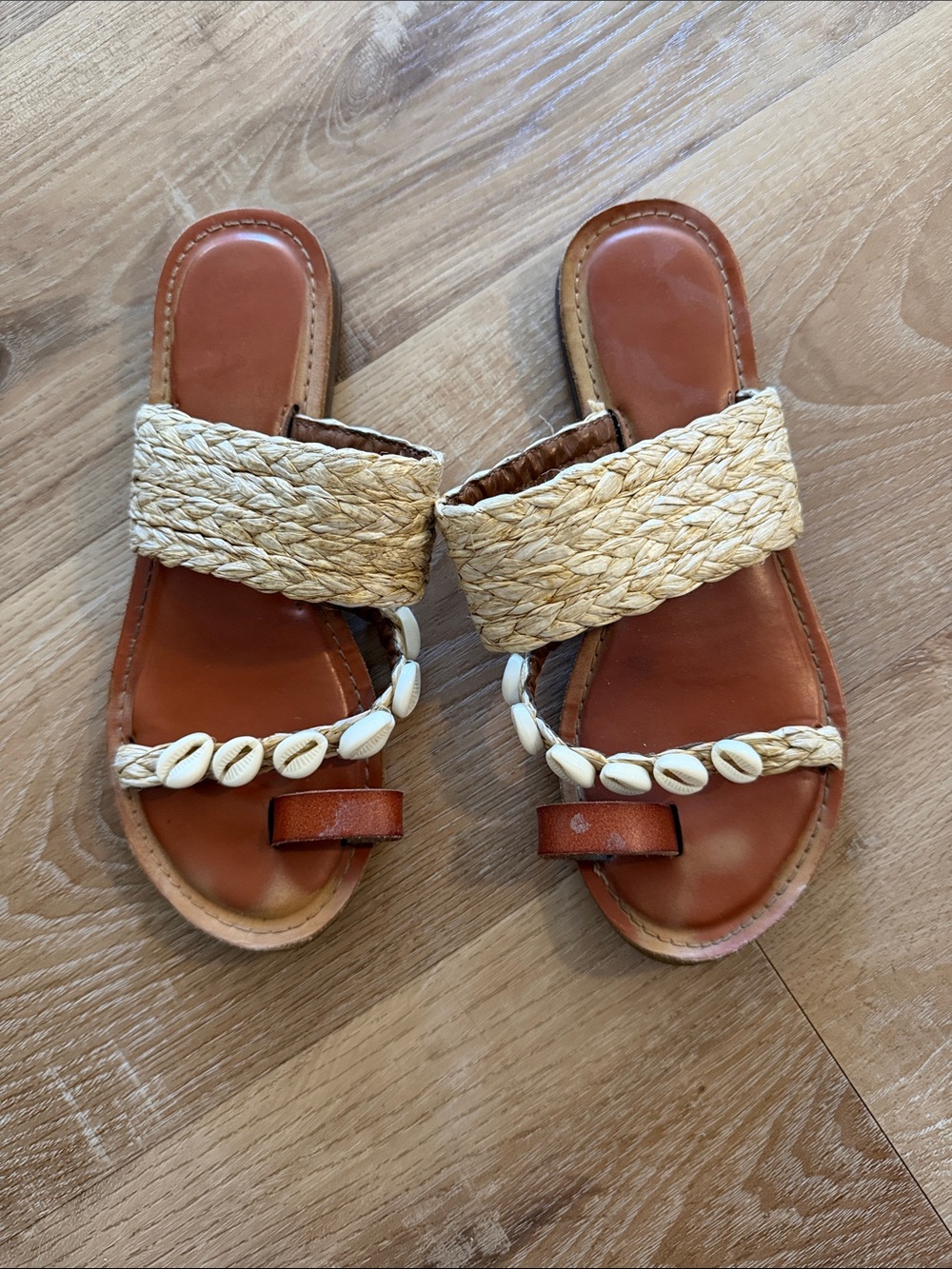 Nordstrom Brown Leather Slide Sandals with Woven Raffia and Shell Trim